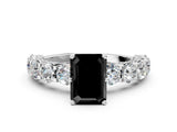 Silver Fancy Black Emerald Cut Diamond Side Stone Engagement Ring with Four-Prong Setting_12