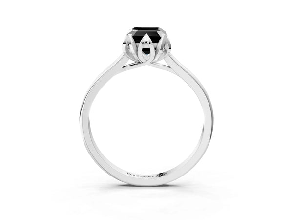 Sterling Silver Emerald Cut Floral Solitaire Engagement Ring Setting for Black Center