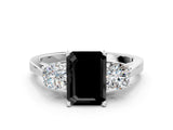 Silver Fancy Black Emerald Cut Diamond Three-Stone Engagement Ring with Prong Setting and Pavé Band_12