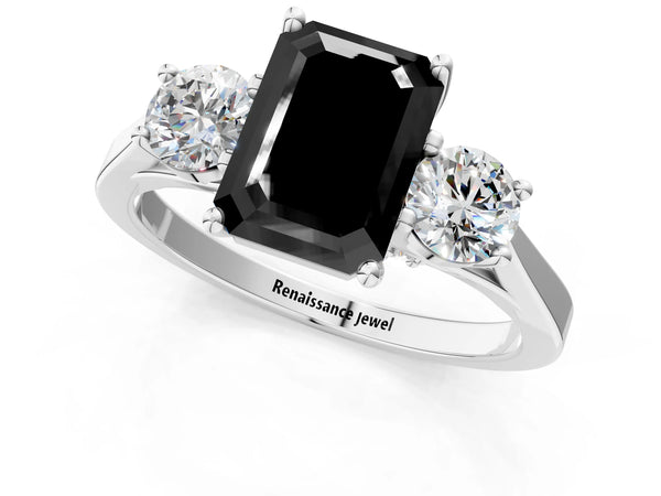 Silver Fancy Black Emerald Cut Diamond Three-Stone Engagement Ring with Prong Setting and Pavé Band