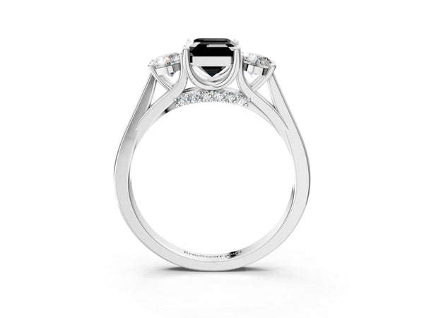 Silver Fancy Black Emerald Cut Diamond Three-Stone Engagement Ring with Prong Setting and Pavé Band