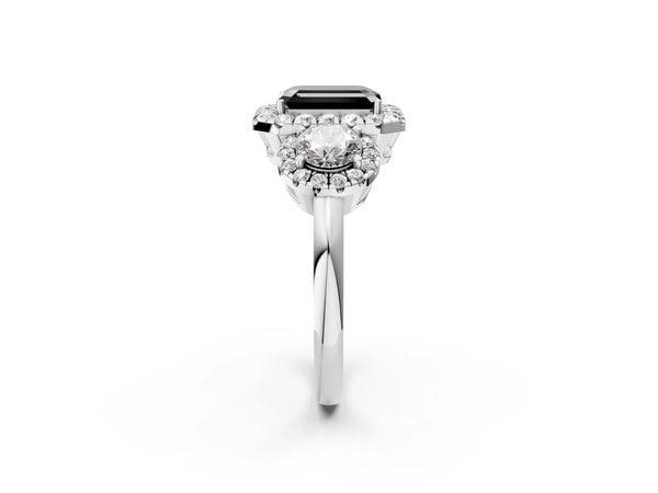 Sterling Silver Emerald Cut Three Stone Halo Engagement Ring Setting for Black Center