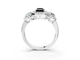 Silver Fancy Black Emerald Cut Diamond Three-Stone Halo Ring with Prong Setting and Pavé Accents_15