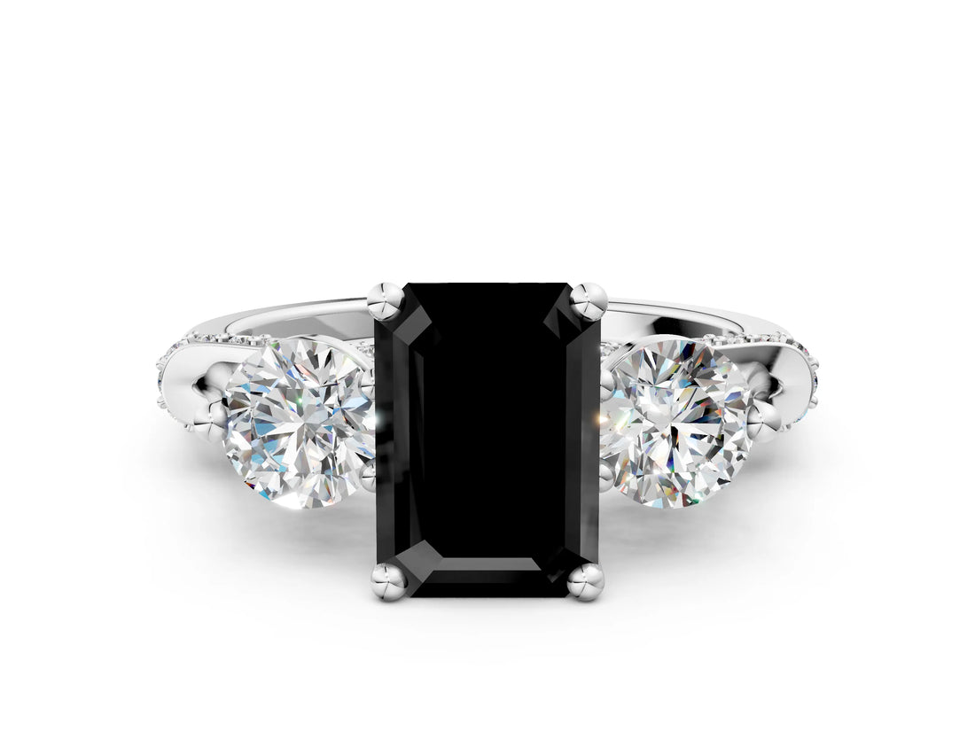 Silver Fancy Black Emerald Cut Diamond Three-Stone Ring with Prong Setting and Pavé Band_6