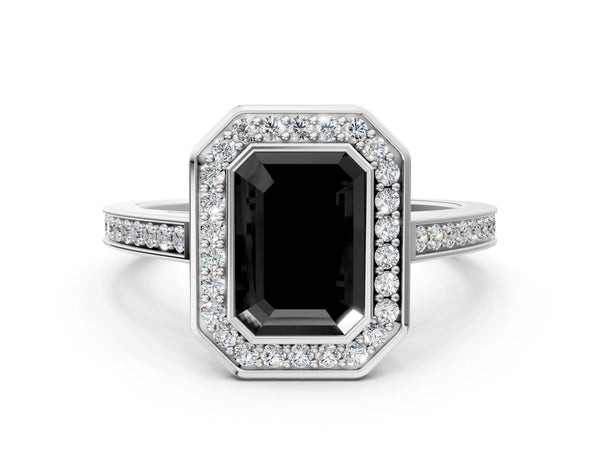 Silver Fancy Black Emerald Cut Halo Bezel Diamond Pave Band Ring