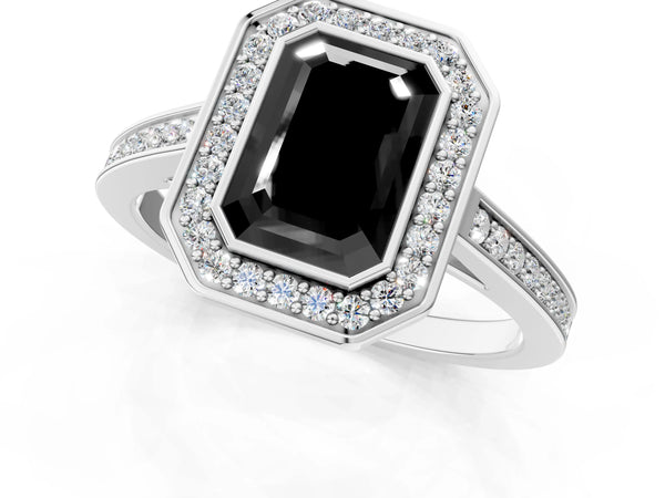 Silver Fancy Black Emerald Cut Halo Bezel Diamond Pave Band Ring