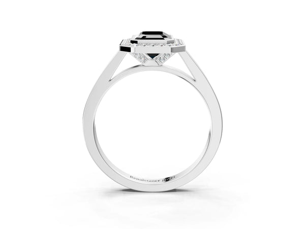 Silver Fancy Black Emerald Cut Halo Bezel Diamond Pave Band Ring