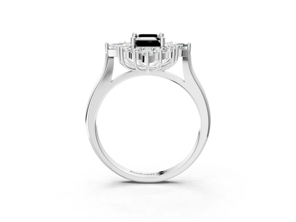 Silver Fancy Black Emerald Cut Starburst Halo Engagement Ring Setting with Marquise and Round Accents