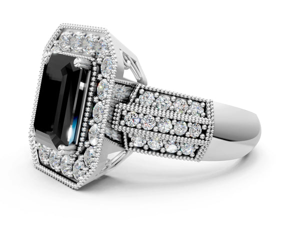 Silver Fancy Black Emerald Cut Halo Diamond Engagement Ring with Pave Split Shank and Four-Prong Setting
