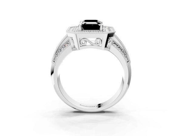Silver Fancy Black Emerald Cut Halo Diamond Engagement Ring with Pave Split Shank and Four-Prong Setting