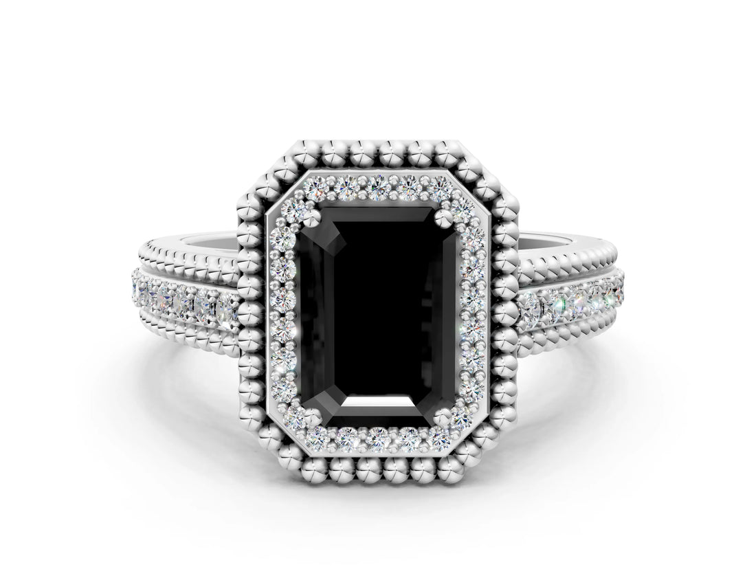 Silver Fancy Black Emerald Cut Halo Diamond Ring with Beaded Split Shank and Four-Prong Setting_6