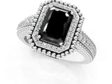 Silver Fancy Black Emerald Cut Halo Diamond Ring with Beaded Split Shank and Four-Prong Setting_7