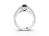 Silver Fancy Black Emerald Cut Halo Diamond Ring with Beaded Split Shank and Four-Prong Setting_9