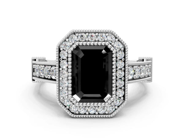 Sterling Silver Emerald Cut Vintage Bezel Halo Engagement Ring Setting for Black Center