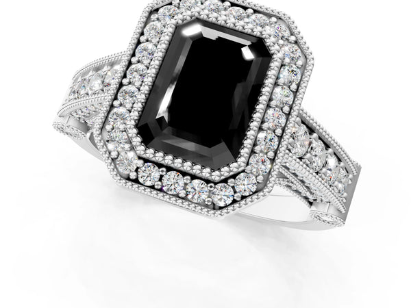 Sterling Silver Emerald Cut Vintage Bezel Halo Engagement Ring Setting for Black Center