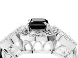 Silver Fancy Black Emerald Cut Halo Milgrain Diamond Engagement Ring with Leaf Band and Four-Prong Setting_10