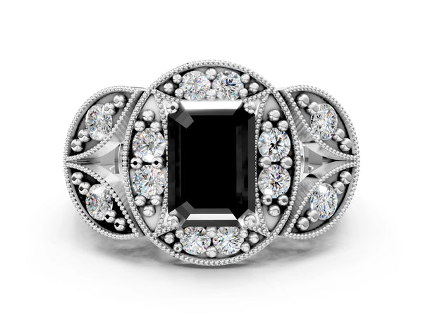Silver Fancy Black Emerald Cut Halo Milgrain Diamond Engagement Ring with Leaf Band and Four-Prong Setting