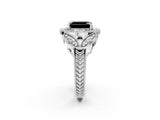 Silver Fancy Black Emerald Cut Halo Milgrain Diamond Engagement Ring with Leaf Band and Four-Prong Setting_8