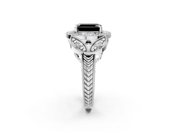 Silver Fancy Black Emerald Cut Halo Milgrain Diamond Engagement Ring with Leaf Band and Four-Prong Setting