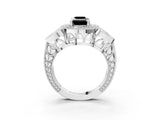 Silver Fancy Black Emerald Cut Halo Milgrain Diamond Engagement Ring with Leaf Band and Four-Prong Setting_9