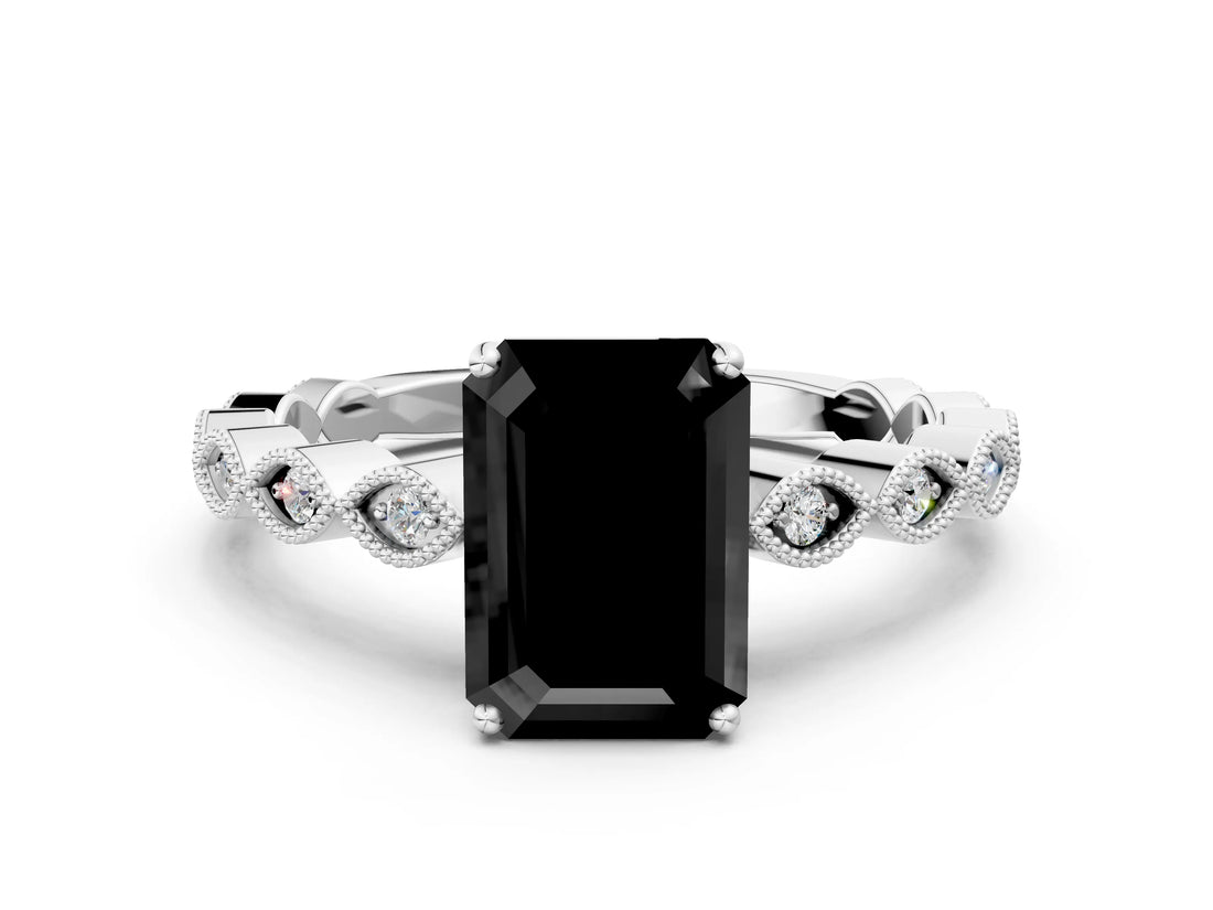 Silver Fancy Black Emerald Cut Solitaire Diamond Ring with Infinity Twist Band and Four-Prong Setting_6