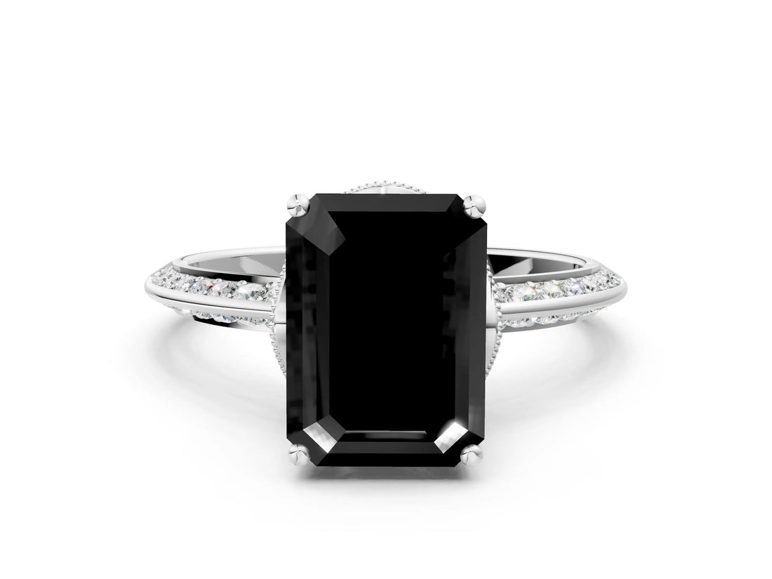 Silver Fancy Black Emerald Cut Solitaire Split Shank Pave Diamond Engagement Ring with Four-Prong Setting_6
