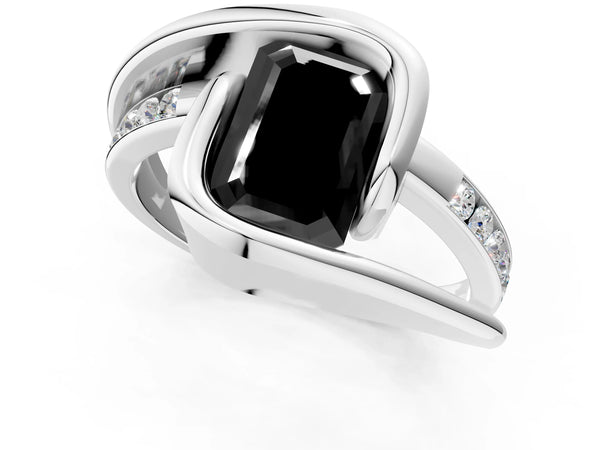 Silver Fancy Black Emerald Cut Solitaire Tension-Set Diamond Split Shank Ring