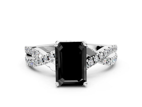 Silver Fancy Black Emerald Cut Solitaire Twist Pave Diamond Engagement Ring with Prong Setting_55