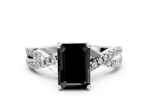 Silver Fancy Black Emerald Cut Solitaire Twist Pave Diamond Engagement Ring with Prong Setting_67