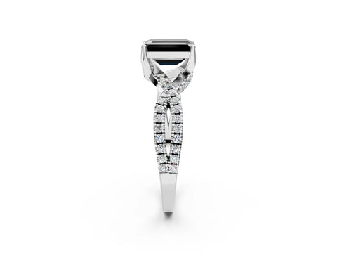 Silver Fancy Black Emerald Cut Solitaire Twist Pave Diamond Engagement Ring with Prong Setting_69