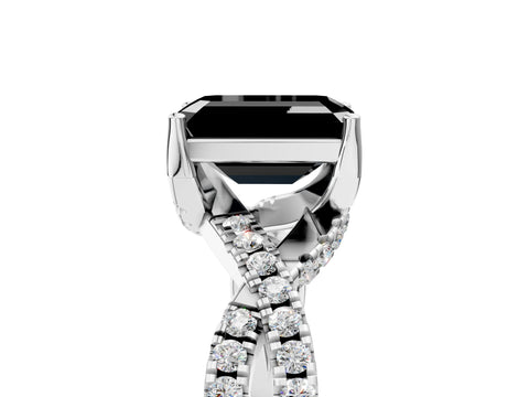 Silver Fancy Black Emerald Cut Solitaire Twist Pave Diamond Engagement Ring with Prong Setting_84