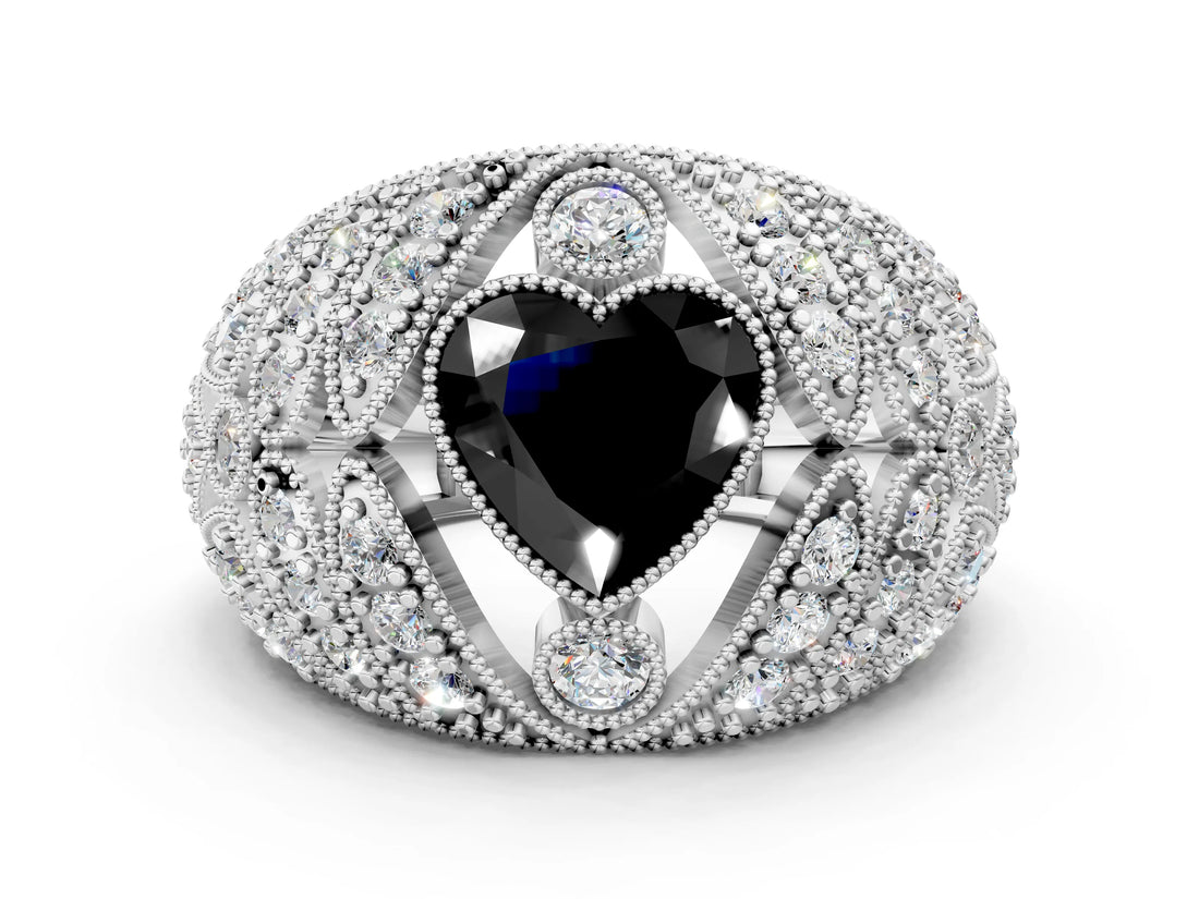 Silver Fancy Black Heart Cut Brilliant Halo Pave Diamond Milgrain Ring_6
