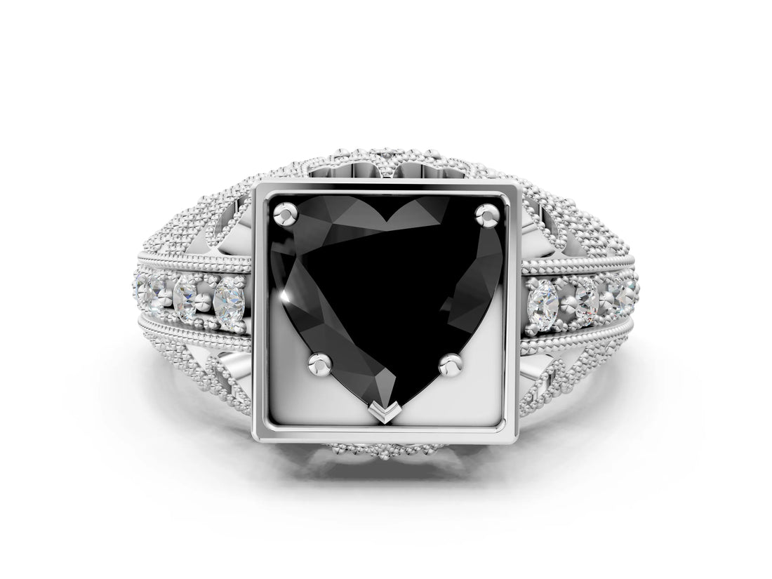 Silver Fancy Black Heart Cut Brilliant Milgrain Filigree Diamond Ring with Square Prong Setting_6