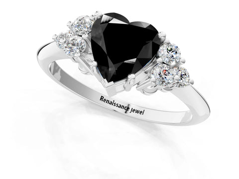 Silver Fancy Black Heart Cut Cut Diamond Cluster Ring with Solitaire Band and Four-Prong Setting_20