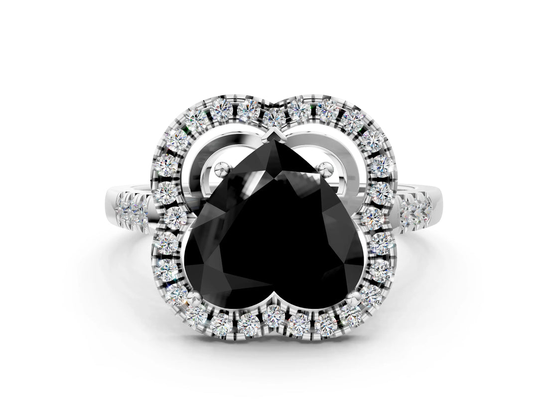 Silver Fancy Black Heart Cut Diamond Floral Halo Split Shank Prong Setting Ring_6