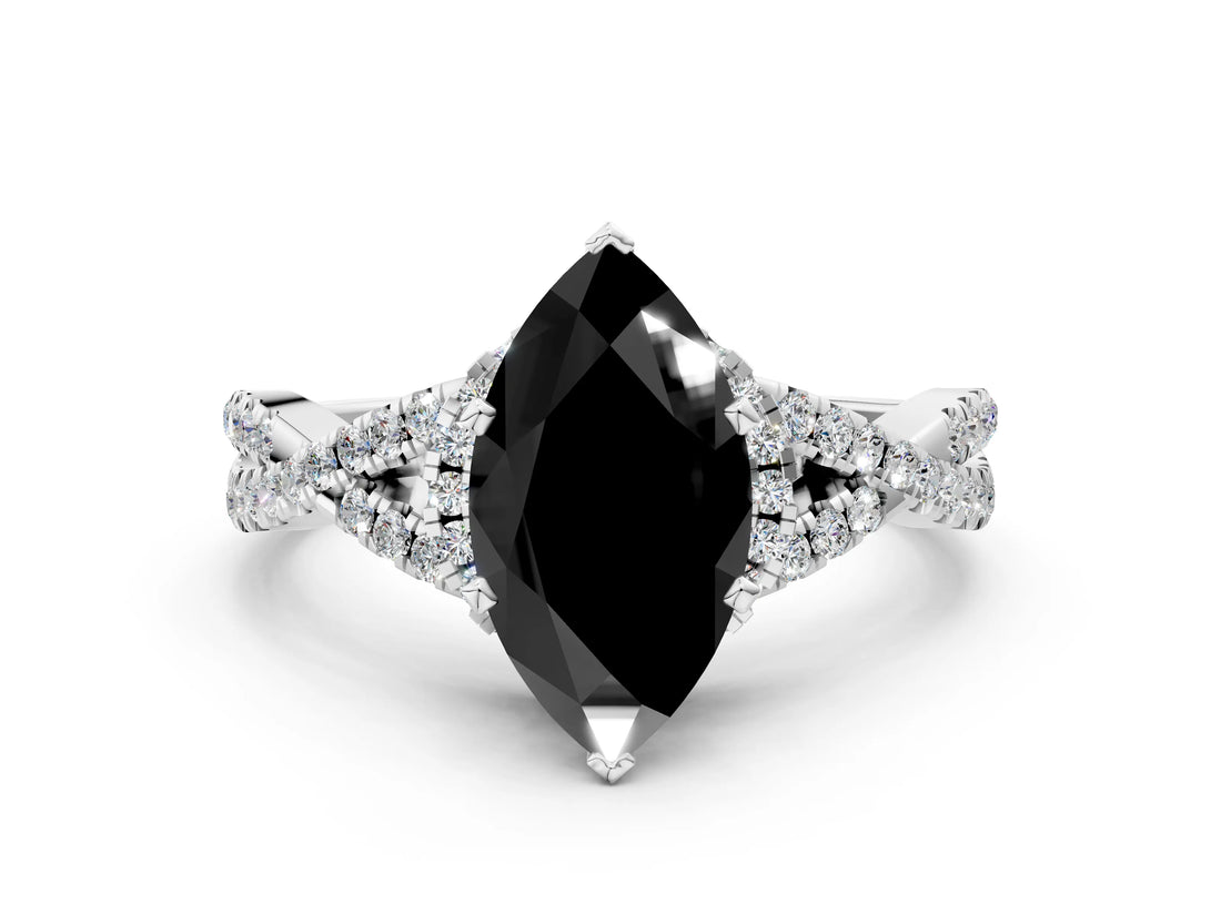 Silver Fancy Black Heart Cut Diamond  Halo Twist Band Solitaire Prong Setting Ring_24