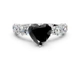 Silver Fancy Black Heart Cut Diamond Side Stone Engagement Ring with Four-Prong Setting