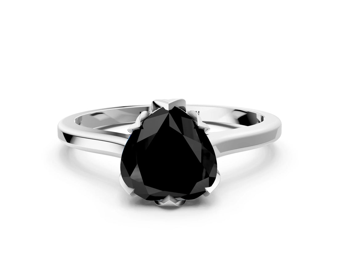 Silver Fancy Black Heart Cut Diamond Solitaire Ring with Flower Prong Setting and Classic Band_12