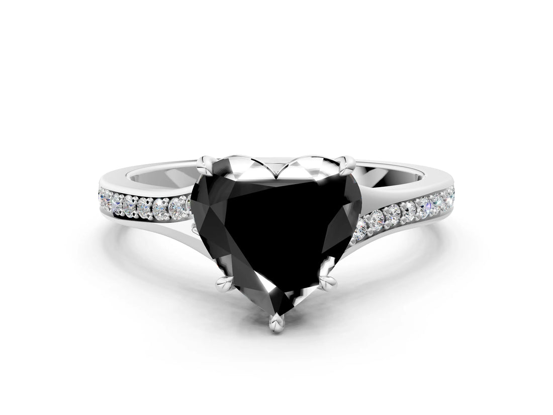 Silver Fancy Black Heart Cut Diamond Solitaire Ring with Pavé Band and Prong Setting_12