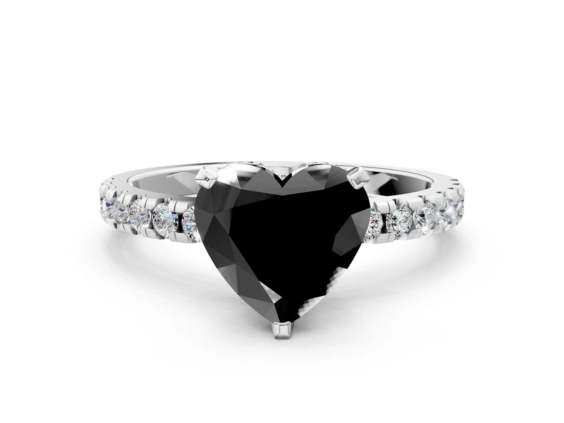 Silver Fancy Black Heart Cut Diamond Solitaire Ring with Round  Pavé Band and Four-Prong Setting_36