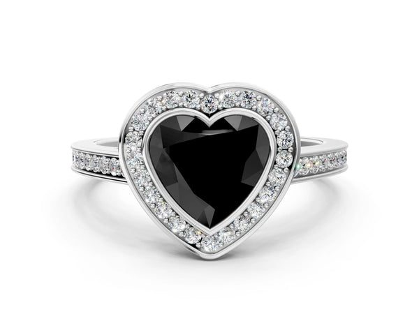 Silver Fancy Black Heart Cut Halo Bezel Diamond Pave Band Ring