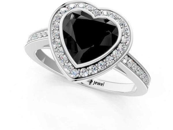 Silver Fancy Black Heart Cut Halo Bezel Diamond Pave Band Ring