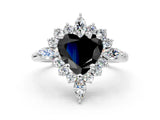 Silver Fancy Black Heart Cut Halo Diamond Cluster Ring with Marquise and Round Stones on a White Gold Band with Prong Setting