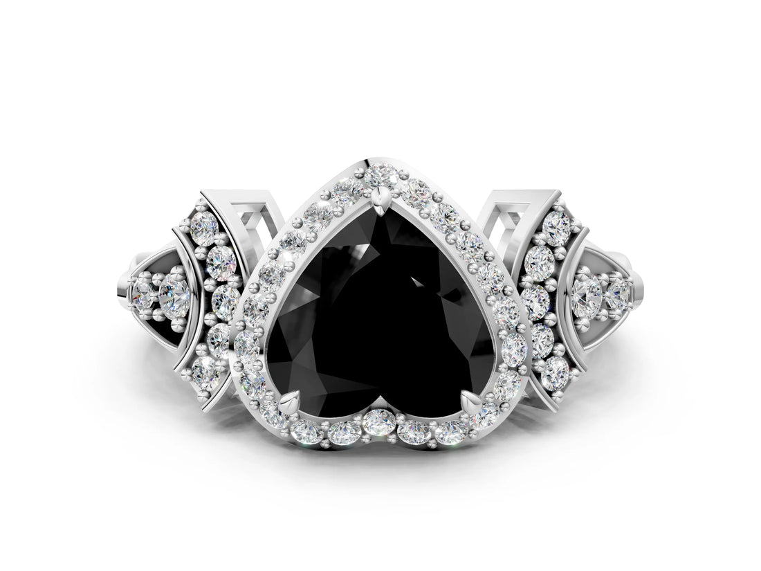 Silver Fancy Black Heart Cut Halo Diamond Split Shank Engagement Ring with Four-Prong Setting_6