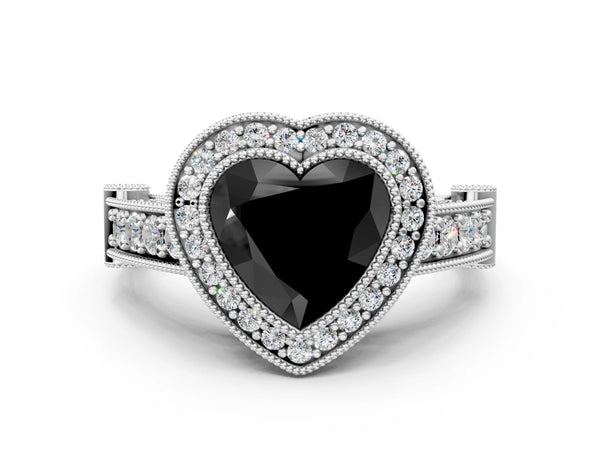 Sterling Silver Heart-Shaped Vintage Bezel Halo Engagement Ring Setting for Black Center