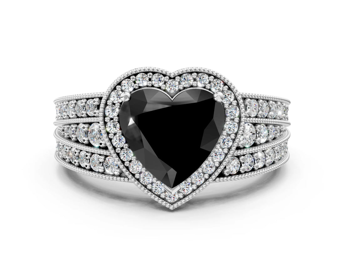 Silver Fancy Black Heart Cut Halo Diamond Split Shank Ring with Prong Setting_6