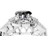 Silver Fancy Black Heart Cut Halo Milgrain Diamond Engagement Ring with Leaf Band and Four-Prong Setting_10