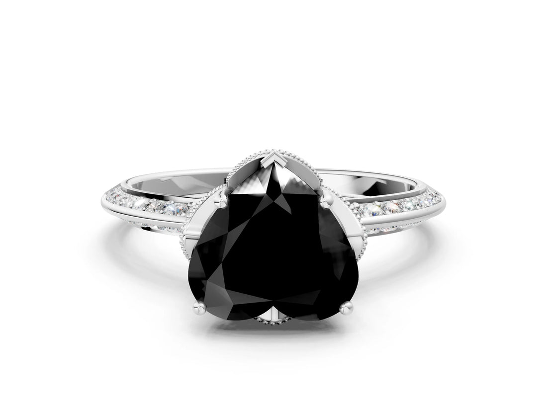 Silver Fancy Black Heart Cut Solitaire Split Shank Pave Diamond Engagement Ring with Four-Prong Setting_132