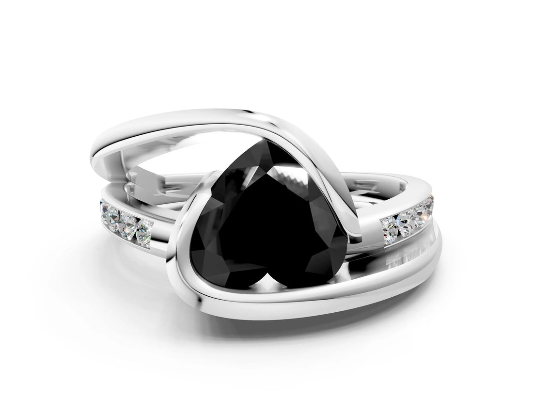 Silver Fancy Black Heart Cut Solitaire Tension-Set Diamond Split Shank Ring_6