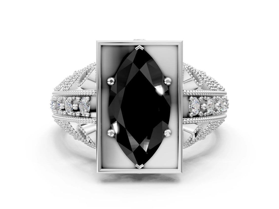 Silver Fancy Black Marquise Cut Brilliant Milgrain Filigree Diamond Ring with Square Prong Setting_6